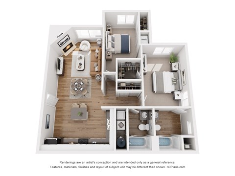 Floor plan for 2 beds, 2 baths, 1050 sqft
